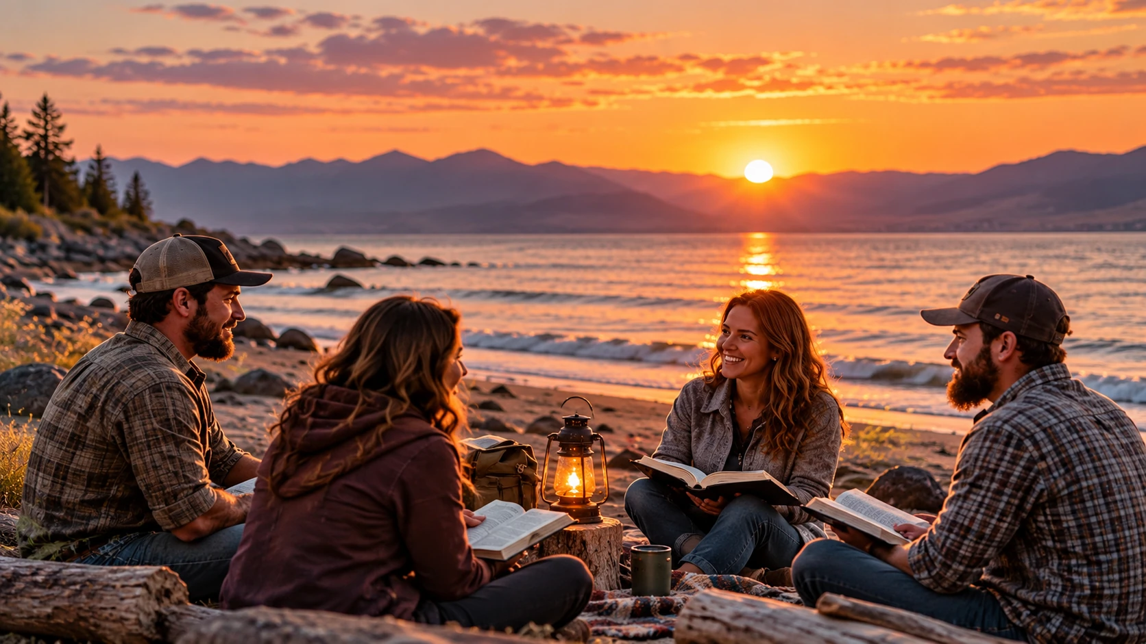 Friends studying Scripture together on a beach at sunset with a connected tablet nearby