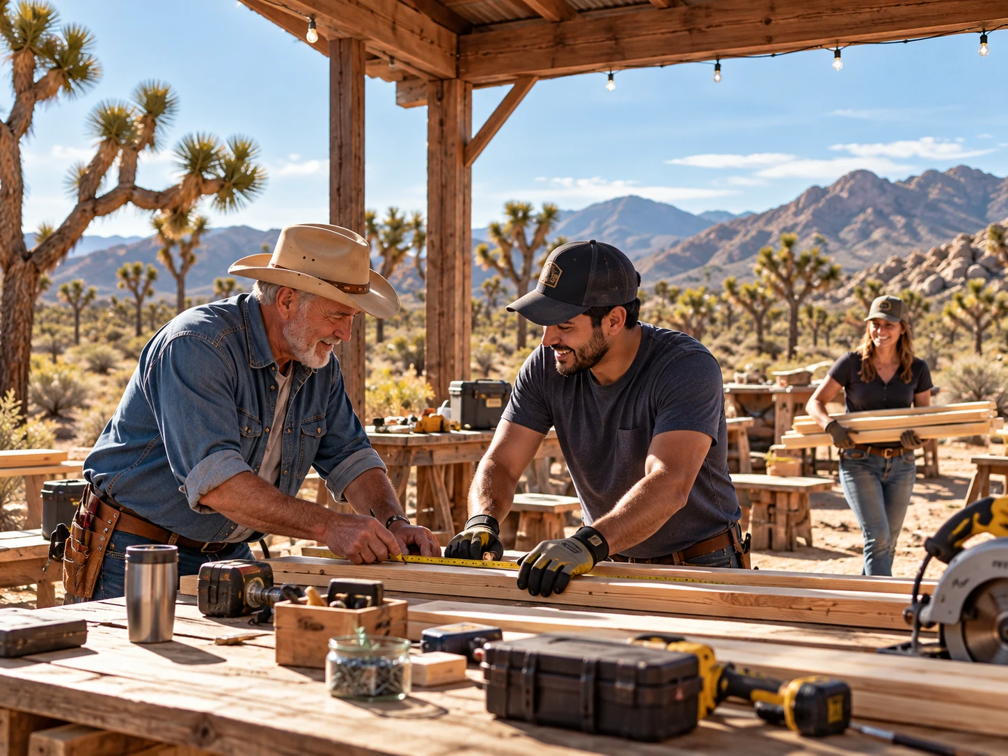 Neighbors sharing tools and working together in the high desert